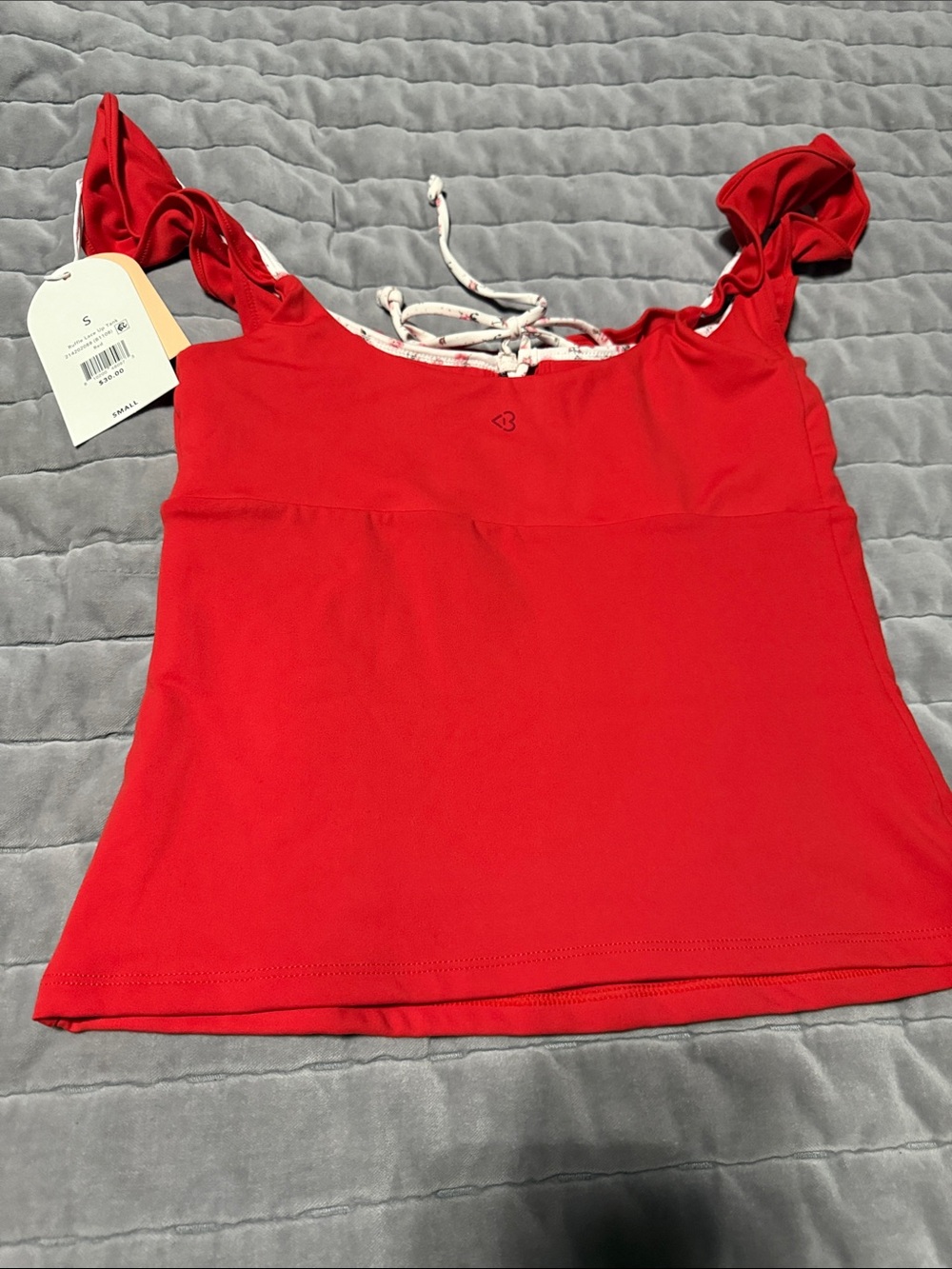 Blogilates Women Red and Pink Ruffle Lace up Tank